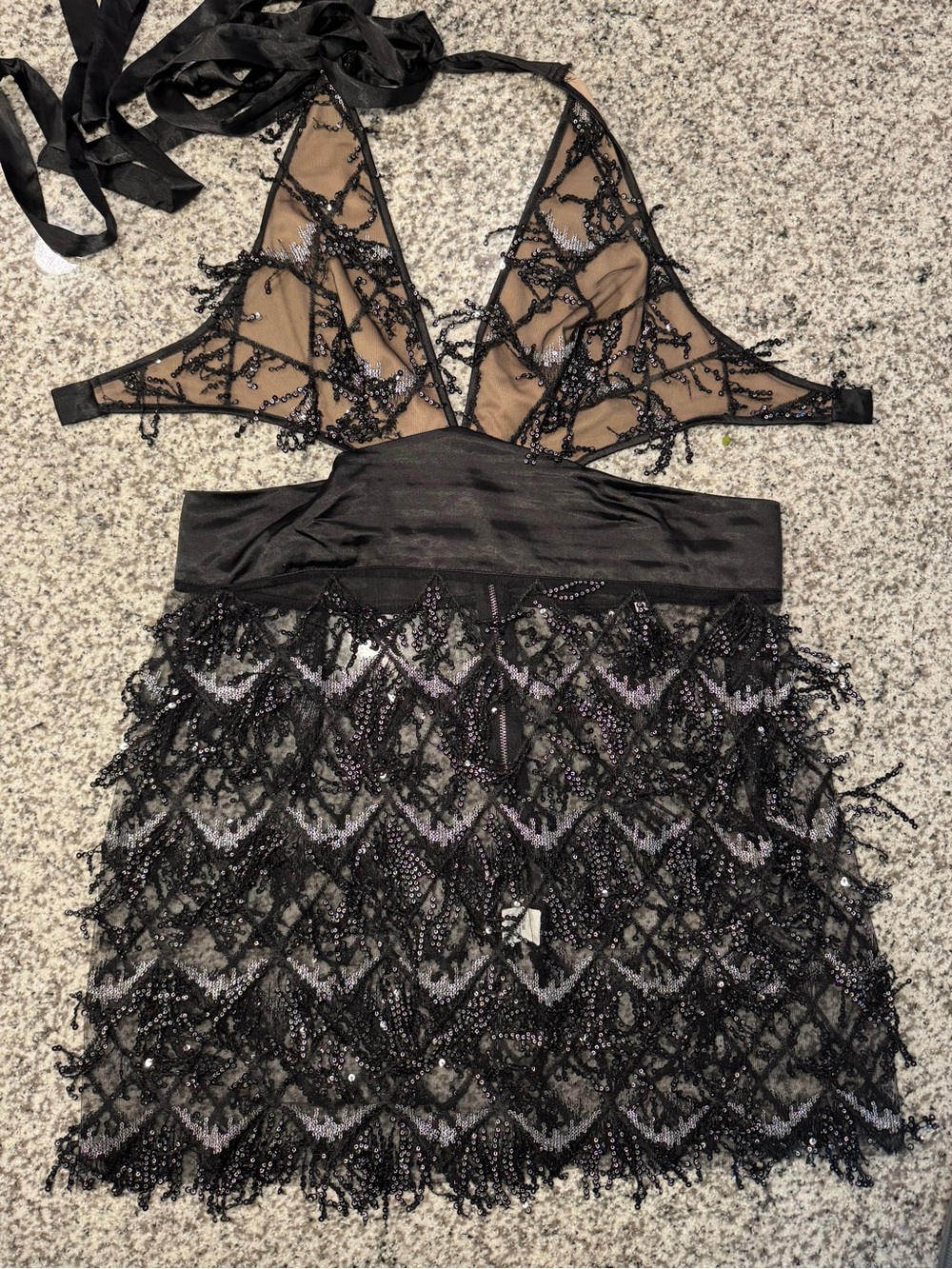 Sheer Beaded Fringe Open Back Halter Top Mini Dress Black Silver and Beige